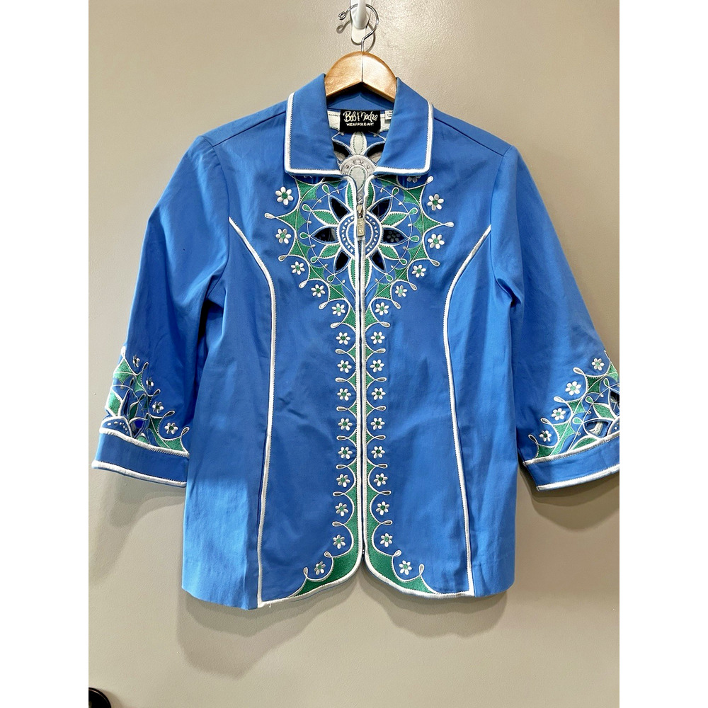 Bob Mackie Wearable Art boho Indie Shirt/Jacket Blue Green Embroidery Sz-M